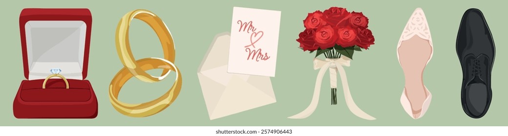 Wedding essentials: rings, bouquet, shoes, and card. Rings symbolize love, bouquet adds elegance, shoes for style, card for heartfelt messages. Romantic love illustrations, vector set.