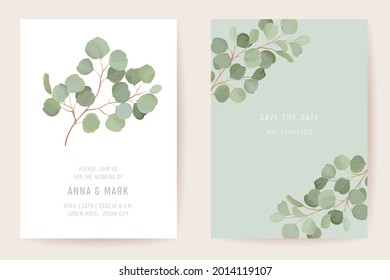 Wedding eucalyptus, green leaf branches floral Save the Date set. Vector exotic leaves greenery boho invitation card. Watercolor template frame, foliage cover, modern poster, trendy design