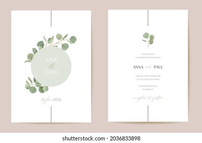 Eucalipto de bodas, ramas de hojas verdes florales Save the Date set. El vector realista deja la carta de invitación de boho verde. Marco de plantilla de color de agua, cubierta vegetal, póster moderno, diseño de moda