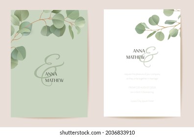 Eucalipto de bodas, ramas de hojas verdes florales Save the Date set. El vector realista deja la carta de invitación de boho verde. Marco de plantilla de color de agua, cubierta vegetal, póster moderno, diseño de moda