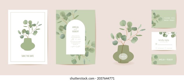 Eucalipto de bodas, ramas de hojas verdes florales Save the Date set. El vector realista deja la carta de invitación de boho verde. Marco de plantilla de color de agua, cubierta vegetal, póster moderno, diseño de moda