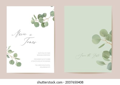 Wedding eucalyptus, green leaf branches floral Save the Date set. Vector realistic leaves greenery boho invitation card. Watercolor template frame, foliage cover, modern poster, trendy design