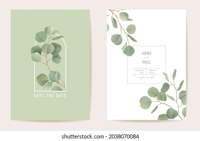 Eucalipto de bodas, ramas de hojas verdes florales Save the Date set. El vector realista deja la carta de invitación de boho verde. Marco de plantilla de color de agua, cubierta vegetal, póster moderno, diseño de moda