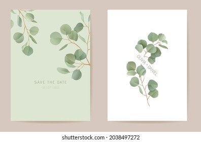 Wedding eucalyptus, green leaf branches floral Save the Date set. Vector exotic leaves greenery boho invitation card. Watercolor template frame, foliage cover, modern poster, trendy design