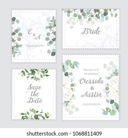 Wedding eucalyptus, rose square vector design banner frames. Rustic greenery invitation card. Mint, blue tones. Watercolor style collection. Mediterranean tree. All elements are isolated and editable