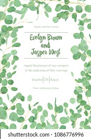 Wedding eucalyptus vertical vector design banner frame. Rustic greenery invitation card. Green tones. Watercolor style collection. Mediterranean tree. All elements are isolated and editable
