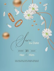 Wedding Event Card. Golden Rings, Flowers And White Petals