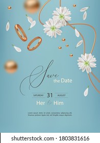 Wedding Event Card. Golden rings, flowers and white petals