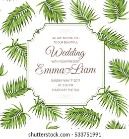 Wedding event celebration invitation RSVP card. Tropical exotic palm tree greenery branch leaves background. Border frame template with text placeholder. Vector design illustration.