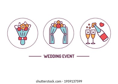 Wedding event color line icons set. Marriage. Isolated vector element. Outline pictograms for web page, mobile app, promo.