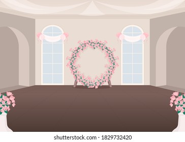 Wedding Event Hall Flat Color Vector Illustration. Ceremonial Room For Bridal Ceremony. Flower Decoration For Party. Wedding Salon 2D Cartoon Interior With Floral Arch Decoration On Background