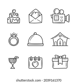 Juego de iconos de evento de boda, boceto dibujado a mano objetos vectoriales