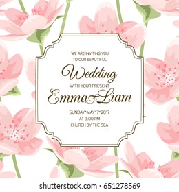 Wedding event invitation card. Blooming spring sakura magnolia cherry blossom flowers. Pink petals on white background. Detailed floral vector design illustration. Border frame text placeholder.