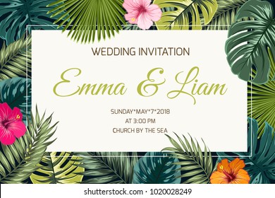 Plantilla de tarjeta de invitación de evento de boda. La selva tropical exótica selva tropical palmera verde brillante y el monstera deja flores de hibisco en el marco del borde oscuro.