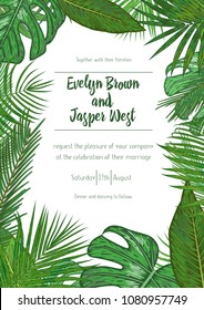 Wedding event invitation card template. Exotic tropical jungle rainforest bright green palm tree and monstera leaves border frame on white background. Vertical portrait aspect ratio. Text placeholder.