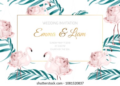 Wedding event invitation card template. Exotic pink flamingo birds body as rose flower concept. Tropical jungle forest green palm tree leaves. Luxury shiny golden text placeholder. Horizontal layout.
