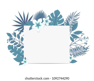 Wedding event invitation card template. Exotic tropical jungle rainforest bright green palm tree and monstera leaves hibiscus flowers border frame on dark background. Vertical portrait aspect ratio