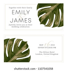 Wedding event invitation card template. Exotic tropical jungle illustration, minimalistic background. Clean isolated printable cards with monstera leaves. 