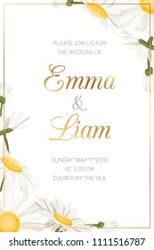 Wedding event invitation card template. Daisy chamomile wild field spring summer flowers border frame. Floral design template with golden frame text placeholder. Vertical portrait aspect ratio layout.