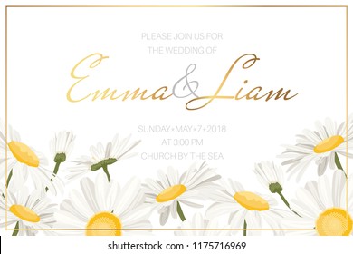 Wedding event invitation card template. Daisy chamomile wild field autumn summer spring flowers border frame. Floral design template golden frame text placeholder. Horizonatal landscape aspect ratio.