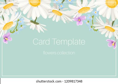 Wedding event invitation card template. Daisy chamomile wild field autumn summer spring flowers border frame. Floral design template blue frame text placeholder. Horizonatal landscape aspect ratio.