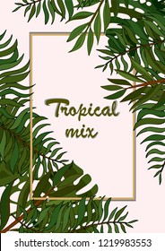 Wedding event invitation card template. Exotic tropical jungle rainforest bright green palm tree and monstera leaves border frame on white background. Vertical portrait aspect ratio. Text placeholder.