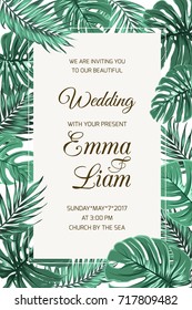 Wedding event invitation card template. Exotic tropical jungle rainforest bright green palm tree and monstera leaves border frame on white background. Vertical portrait aspect ratio. Text placeholder.