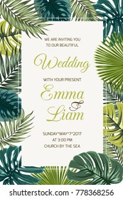 Wedding event invitation card template. Exotic tropical jungle rainforest bright green palm tree and monstera leaves border frame on beige background. Vertical portrait aspect ratio. Text placeholder.