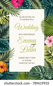 Wedding event invitation card template. Exotic tropical jungle rainforest bright green palm tree and monstera leaves hibiscus flowers border frame on dark background. Vertical portrait aspect ratio.