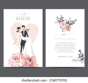 Wedding and event invitation design. Stylized scratched bride and groom character. Illustration, vector, flower bouquet, roses, leave. Romantic and pastel hues. Invitation, wedding, marriage, ceremoni