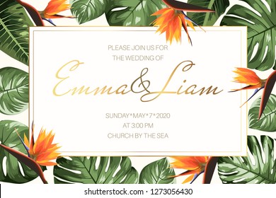 Wedding event invitation RSVP card template. Horizontal rectangular border frame with green monstera philodendron split leaves and bright orange strelitzia bird of paradise flowers. Luxury style.