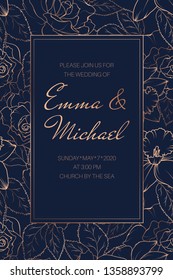 Wedding event invitation RSVP card template. Rose peony daffodil narcissus bloom blossom leaves. Copper gold shiny outline navy dark blue background. Rectangle border frame with text placeholder.