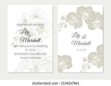 Wedding event invitation save the date RSVP thank you card template set. Exotic orchid phalaenopsis flowers. Text title placeholder. Blue gray flowers on white background.