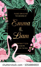 Wedding event invite template card. Border frame dark black night background. Green tropical jungle rainforest palm tree monstera leaves. Orchid phalaenopsis flowers. Pink flamingo birds couple.