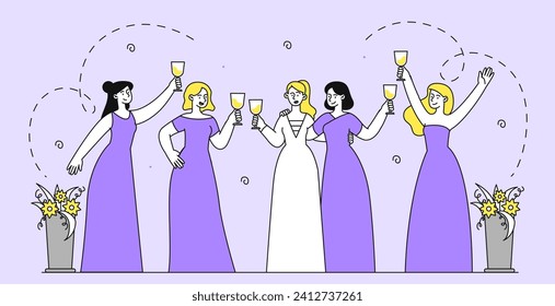 Wedding event linear. Women in dresses with glasses of champagne. Holiday and festival. Marriage ceremony. Bridge with girlfriends with alcoholic drinks. Doodle flat vector illustration