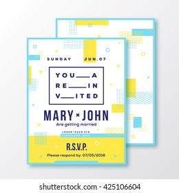 Wedding, Event, Party Invitation Card or Poster Template. Modern Abstract Flat Swiss Style Background with Decorative Stripes, Zig-Zags, Typography. Red, Blue Colors. Soft Realistic Shadows. Isolated.