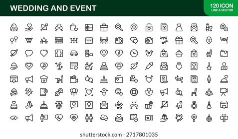 Conjunto de iconos de línea de Profesional de Boda y eventos con diseño de Vector minimalista moderno para celebraciones elegantes y ocasiones especiales