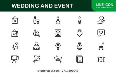 Conjunto de iconos de línea de Profesional de Boda y eventos con diseño de Vector minimalista moderno para celebraciones elegantes y ocasiones especiales