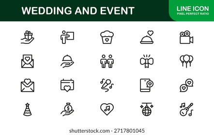 Conjunto de iconos de línea de Profesional de Boda y eventos con diseño de Vector minimalista moderno para celebraciones elegantes y ocasiones especiales