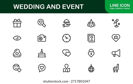 Conjunto de iconos de línea de Profesional de Boda y eventos con diseño de Vector minimalista moderno para celebraciones elegantes y ocasiones especiales