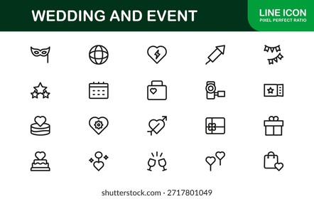Conjunto de iconos de línea de Profesional de Boda y eventos con diseño de Vector minimalista moderno para celebraciones elegantes y ocasiones especiales