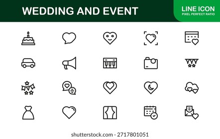 Conjunto de iconos de línea de Profesional de Boda y eventos con diseño de Vector minimalista moderno para celebraciones elegantes y ocasiones especiales
