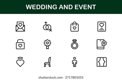 Conjunto de iconos de línea de Profesional de Boda y eventos con diseño de Vector minimalista moderno para celebraciones elegantes y ocasiones especiales