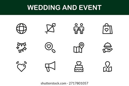 Wedding and Event Professional Line Icon Set with Modern Minimalist Vector Design for Elegant Celebrations and Special Occasions