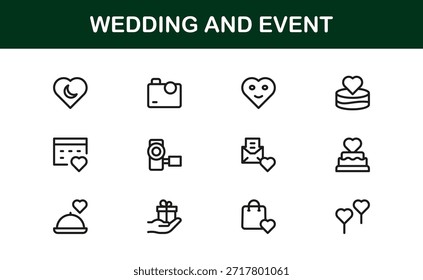Conjunto de iconos de línea de Profesional de Boda y eventos con diseño de Vector minimalista moderno para celebraciones elegantes y ocasiones especiales