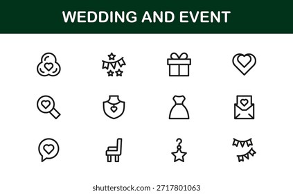 Conjunto de iconos de línea de Profesional de Boda y eventos con diseño de Vector minimalista moderno para celebraciones elegantes y ocasiones especiales