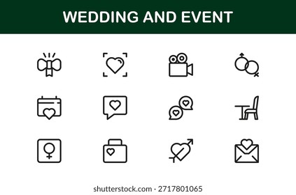 Conjunto de iconos de línea de Profesional de Boda y eventos con diseño de Vector minimalista moderno para celebraciones elegantes y ocasiones especiales