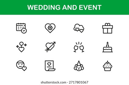 Conjunto de iconos de línea de Profesional de Boda y eventos con diseño de Vector minimalista moderno para celebraciones elegantes y ocasiones especiales
