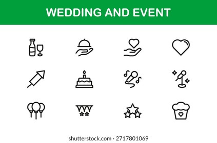 Conjunto de iconos de línea de Profesional de Boda y eventos con diseño de Vector minimalista moderno para celebraciones elegantes y ocasiones especiales