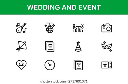 Conjunto de iconos de línea de Profesional de Boda y eventos con diseño de Vector minimalista moderno para celebraciones elegantes y ocasiones especiales